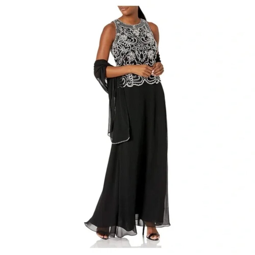 J Kara Black Maxi Dress with Silver Embellished Bodice